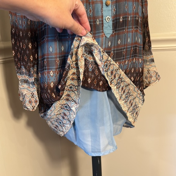 DejaVu Boho Plaid Embroidered Tunic Top Blue Brown western Peasant Large - Picture 7 of 13